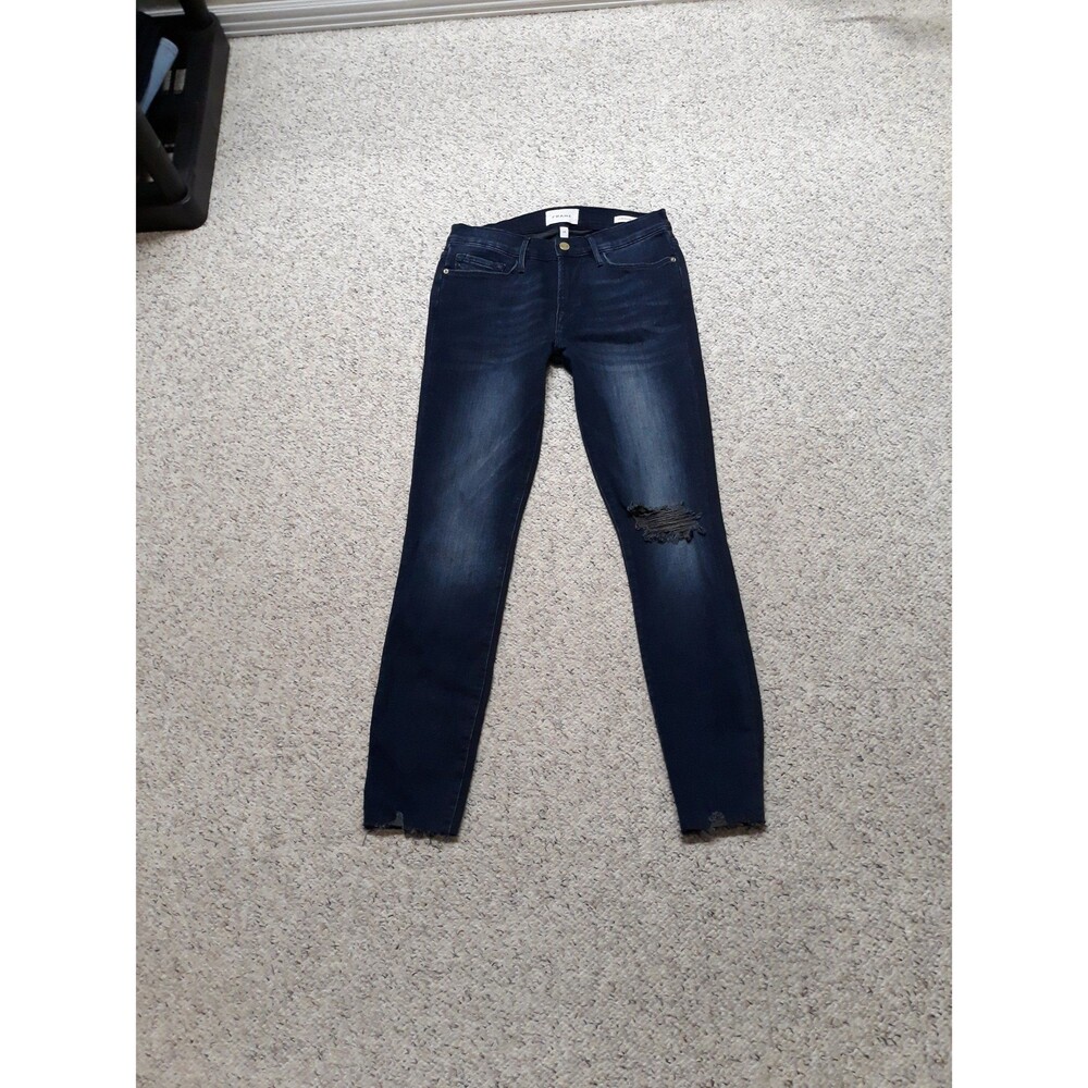 28 FRAME Mid Rise Le Skinny de Jeanne Ripped Dark Wash Raw Edge Hem